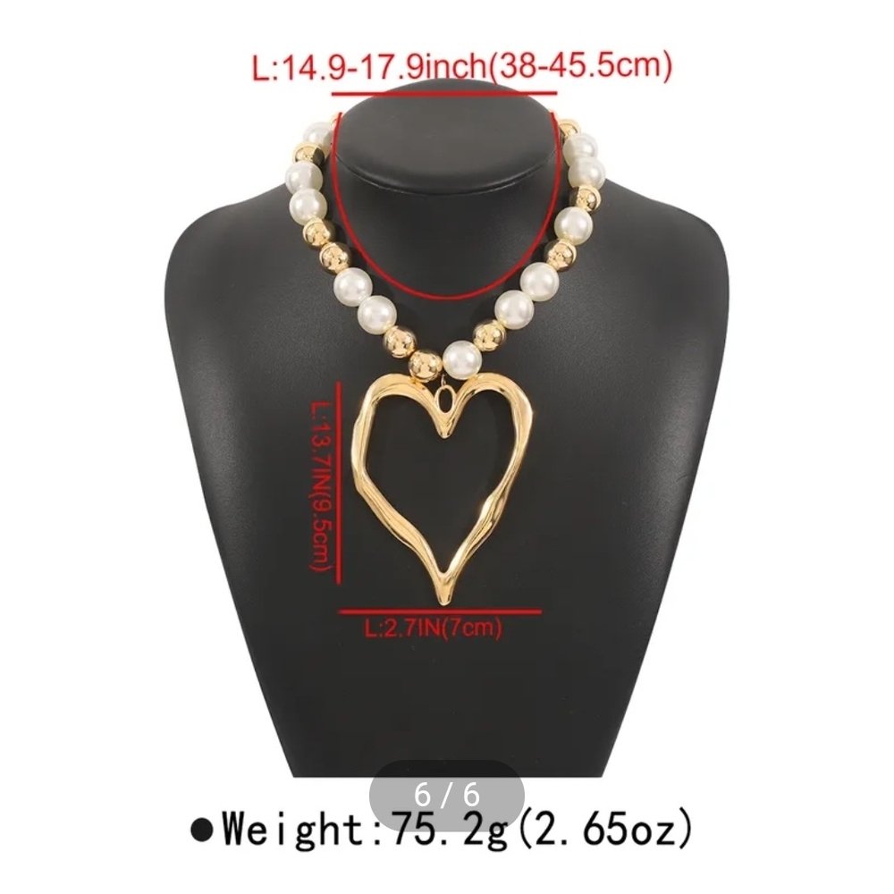 Heart Statement Necklace Faux Pearls Gold Balls - Picture 11 of 14